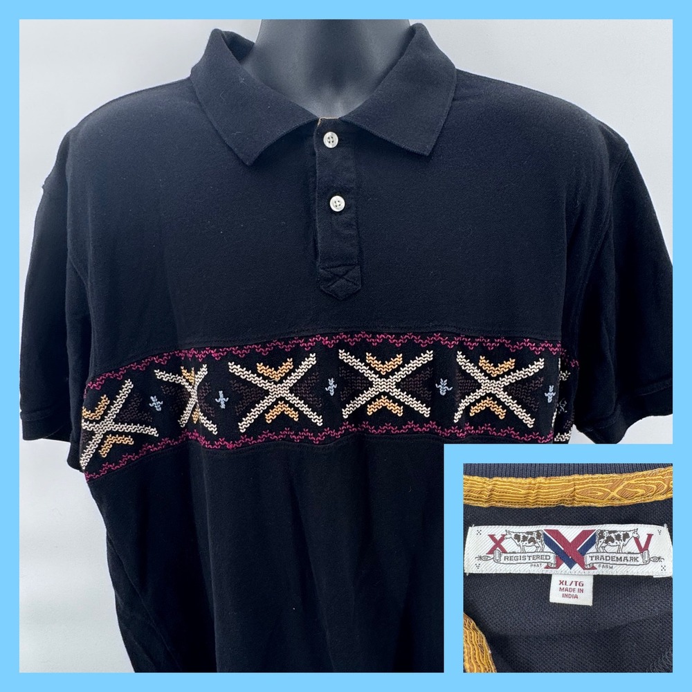 Phat Farm Polo Shirt Mens XL Black Embroidered Geometric Band Cotton XKS7K751